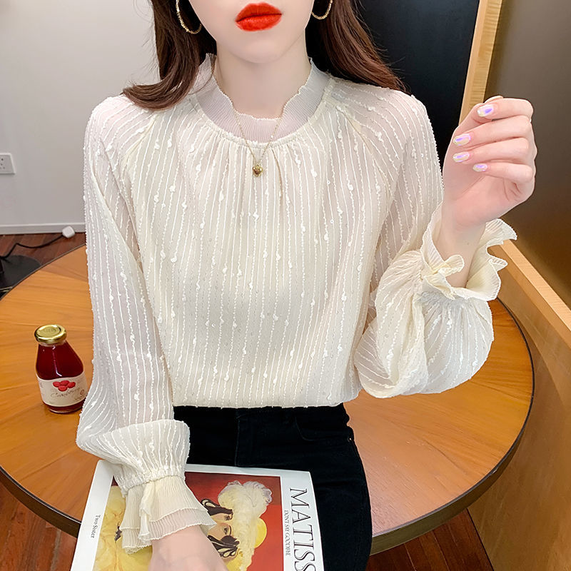 雪紡打底衫女春秋季新款長袖半高領t恤洋氣小衫女士氣質蕾絲襯衣