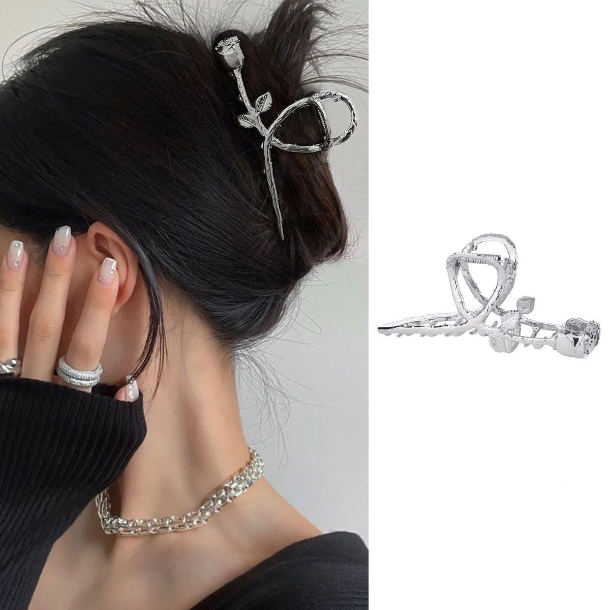 Rose flower clip women's liquid metal large hair clip back of head hair clip high-end shark clip headwear hair clip