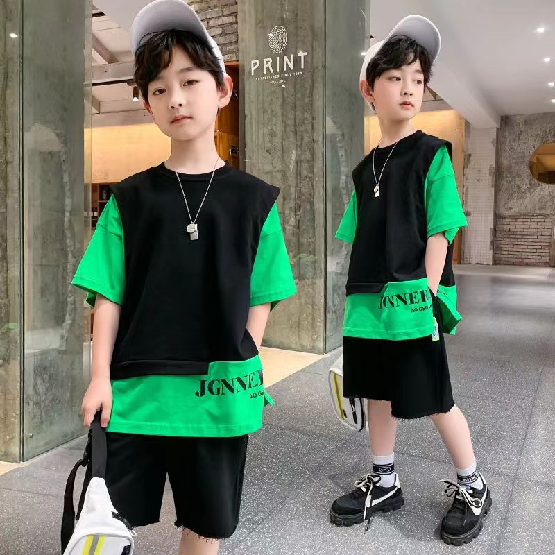 Boys' summer suit short-sleeved fake two-piece middle-aged and older children's  new summer trendy brand children's sports handsome thin section
