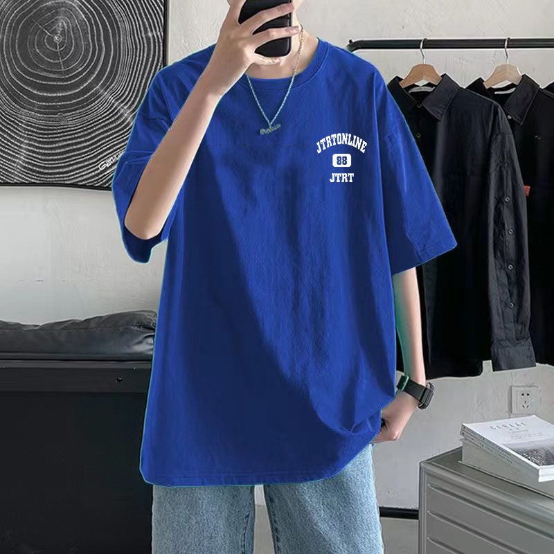 100%純棉克萊因藍短袖寬鬆t恤男2023夏季新款潮牌港風ins潮流上衣