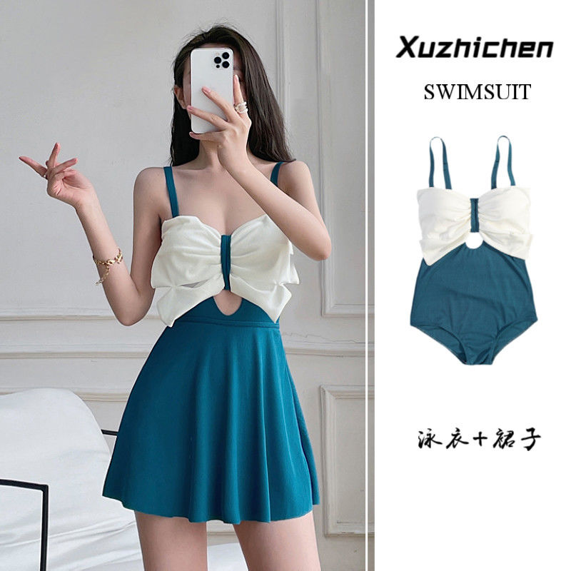 2023 new swimsuit women's hot spring conservative Korean ins one-piece skirt student high-waist slim suspender swimsuit
