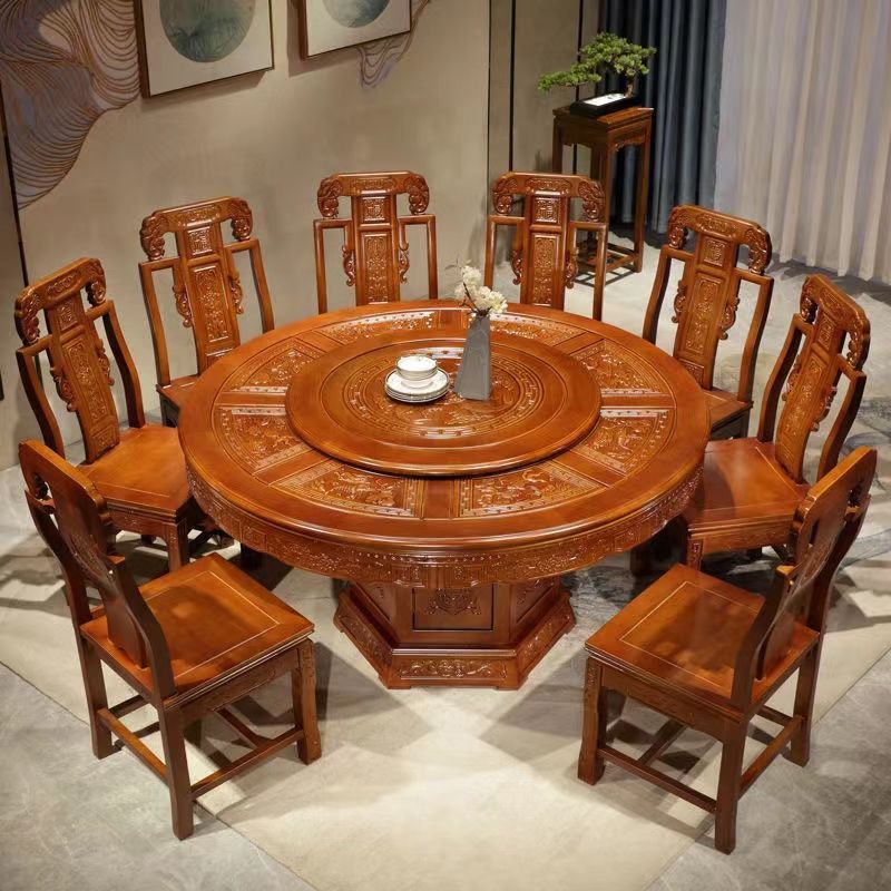 全实木中式餐桌椅组合带转盘大圆桌家用饭桌橡木仿古雕花圆餐桌