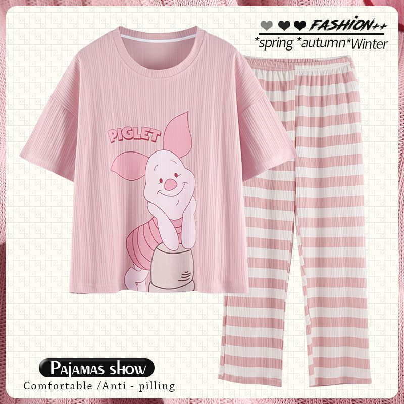 Pajamas women's summer cotton short-sleeved trousers suit Korean cartoon can be worn outside spring and autumn thin section home service