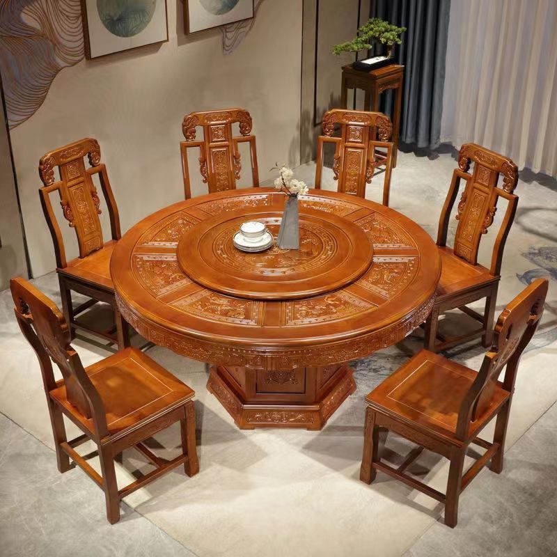 全实木中式餐桌椅组合带转盘大圆桌家用饭桌橡木仿古雕花圆餐桌