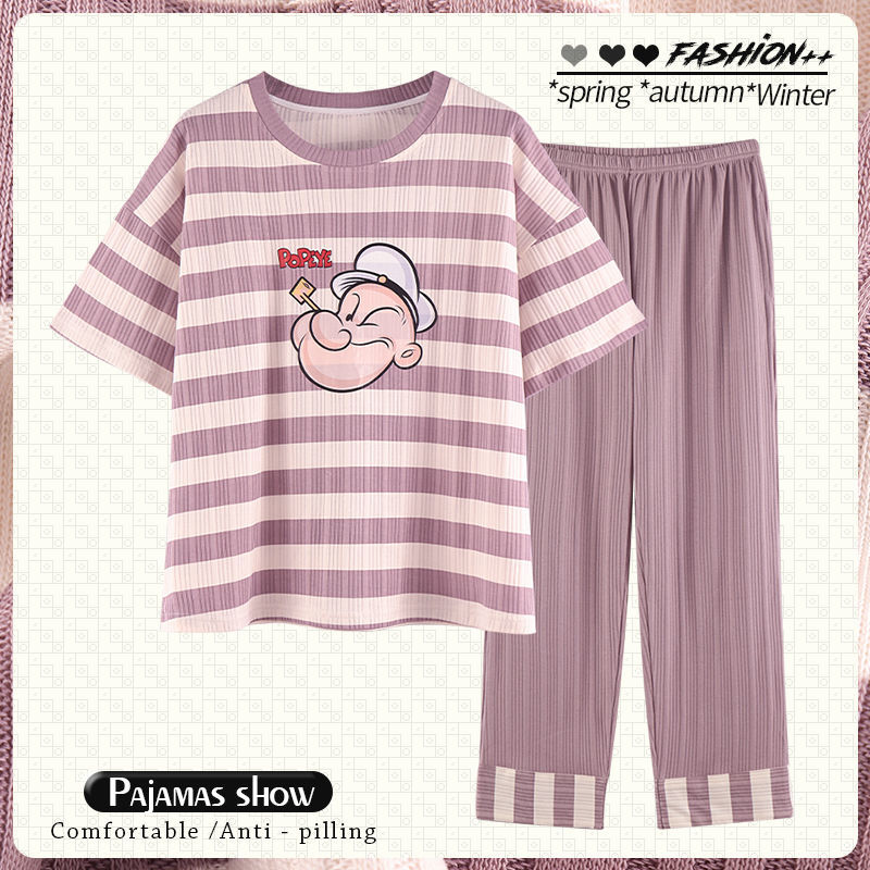 Pajamas women's summer cotton short-sleeved trousers suit Korean cartoon can be worn outside spring and autumn thin section home service