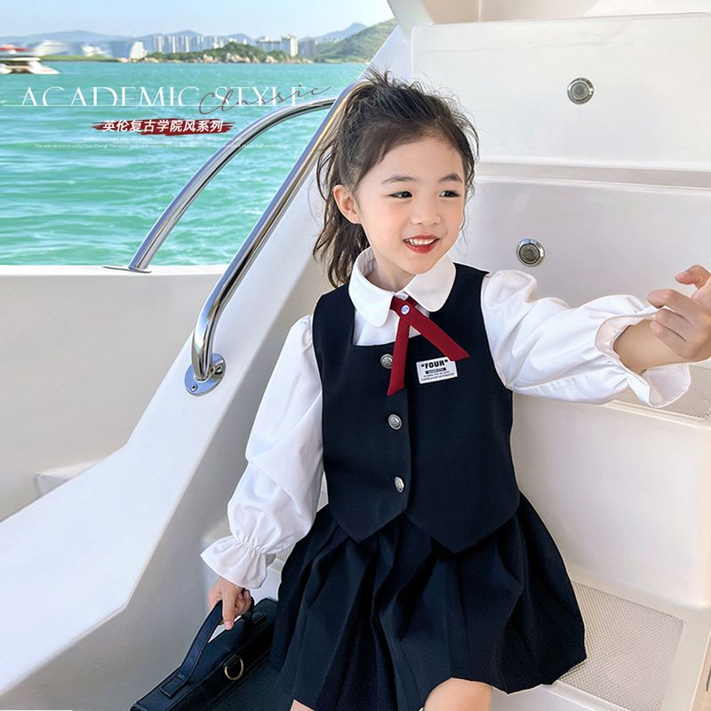 女童學院風套裝2022春裝新款韓版馬甲襯衫百褶裙寶寶洋氣半裙潮