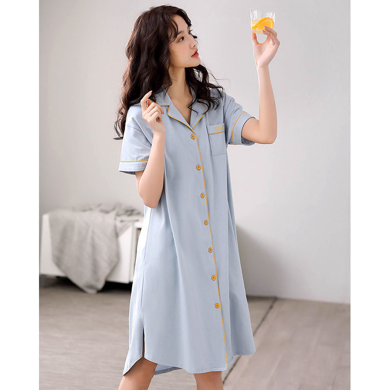 Japanese plaid nightdress female summer cotton cute Korean version sweet shirt style long loose cardigan short-sleeved pajamas