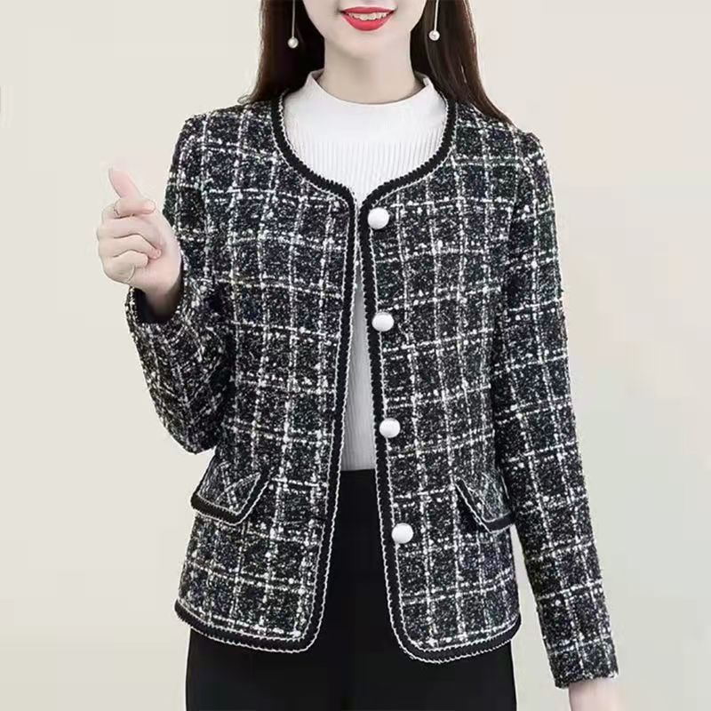 小香風千鳥格短款外套女2023年春季寬鬆韓版小個子高級感圓領上衣