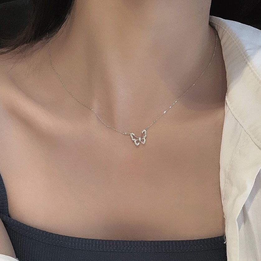 Hollow butterfly diamond necklace female ins tide net red temperament collarbone chain niche design sense simple forest necklace