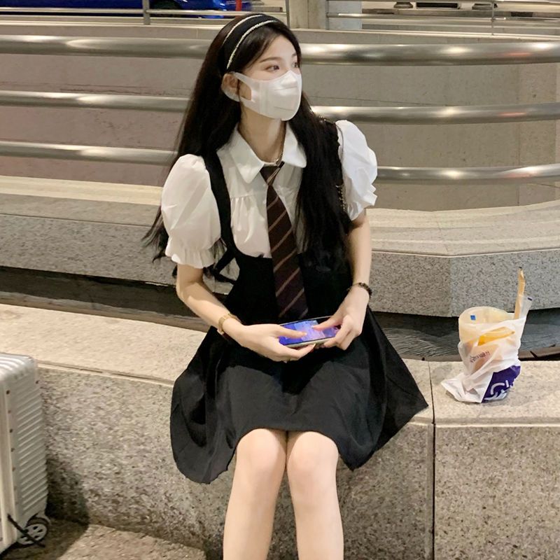 大碼胖MM短袖襯衫女夏季套裝學院風襯衫減齡百褶背帶裙子兩件套