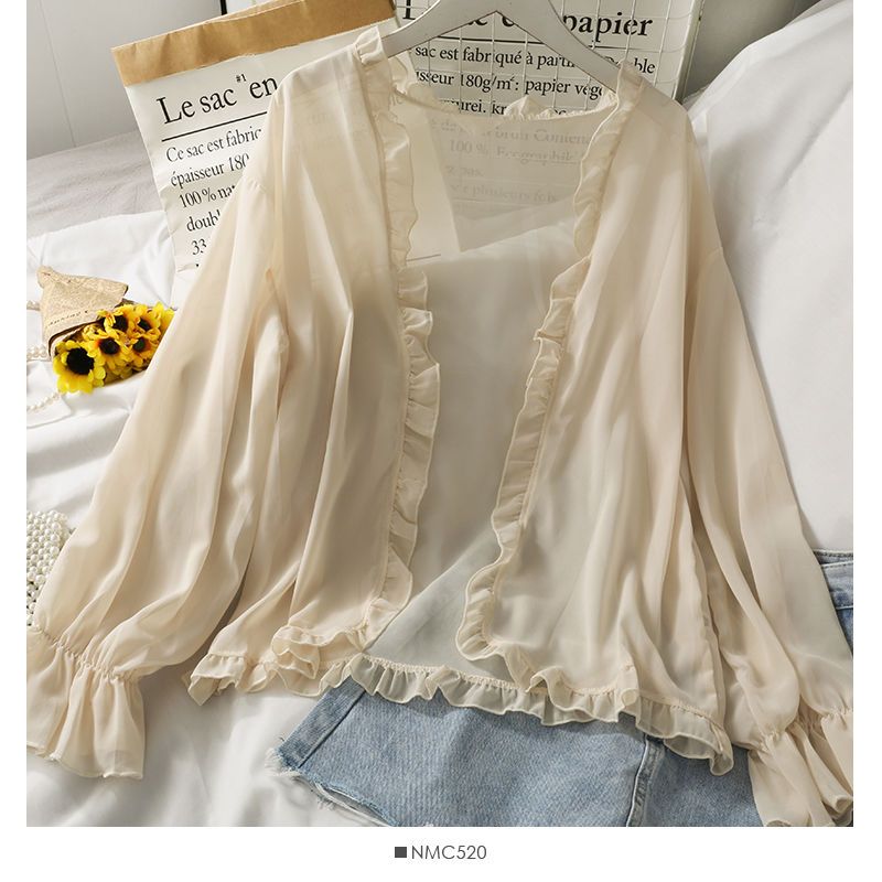  summer ear-edge unbuttoned cardigan thin slightly see-through chiffon shirt women's new bell sleeve solid color sun protection top