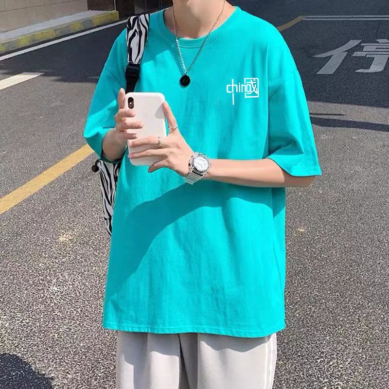 港風t恤純棉短袖男青年大碼學生衣服潮流百搭帥氣夏季綠色薄半袖