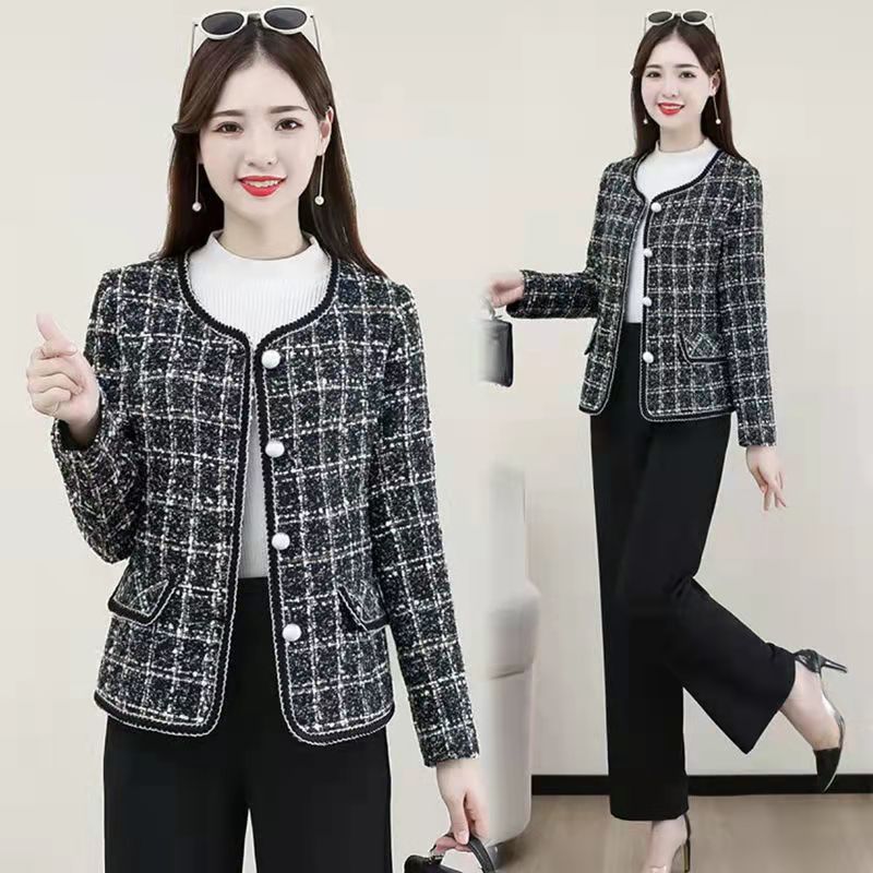 French style small fragrance style short coat women's spring 2023 new women's clothing sweet and thin round neck houndstooth top