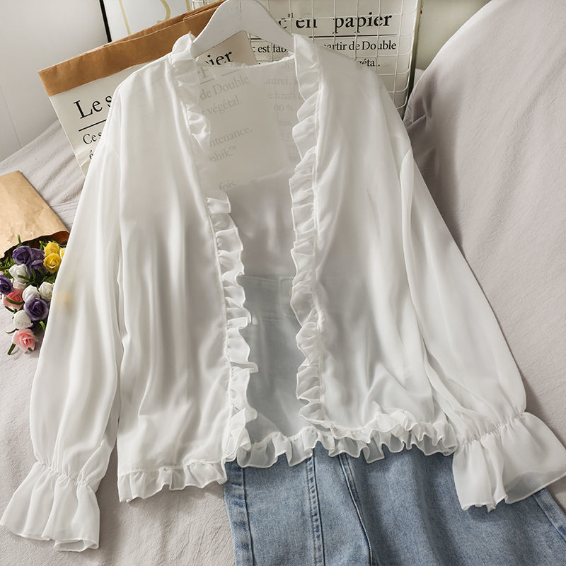  summer ear-edge unbuttoned cardigan thin slightly see-through chiffon shirt women's new bell sleeve solid color sun protection top