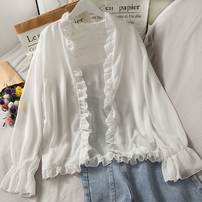 2023 summer ear-edge unbuttoned cardigan thin slightly see-through chiffon shirt women's new bell sleeve solid color sun protection top