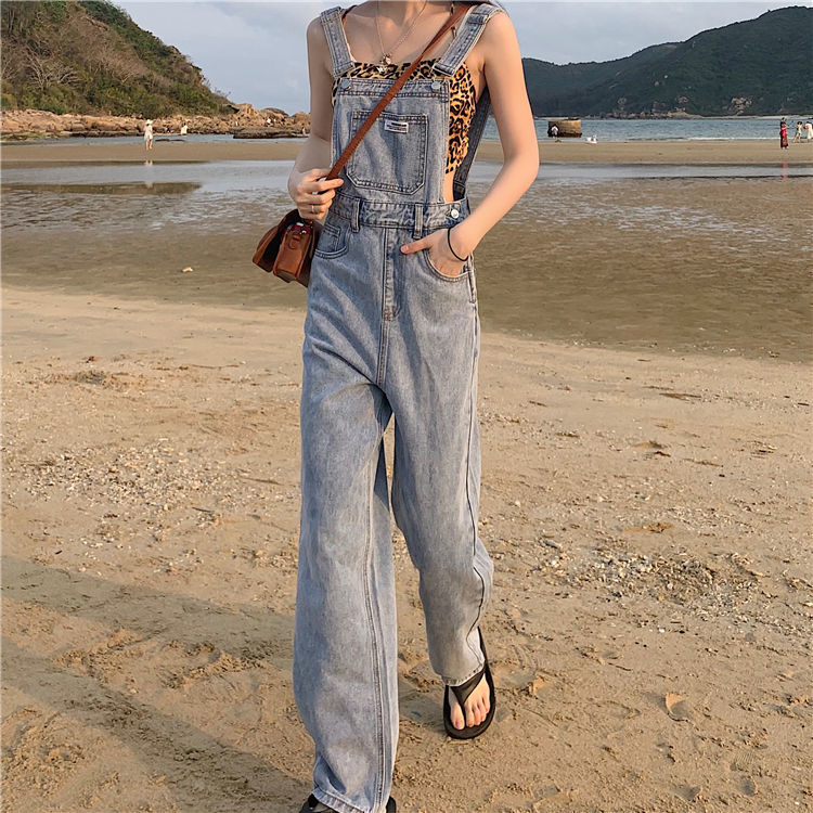 Denim suspenders women's spring clothes 2023 new Korean version loose straight mopping trousers wide-leg sling jumpsuit trousers