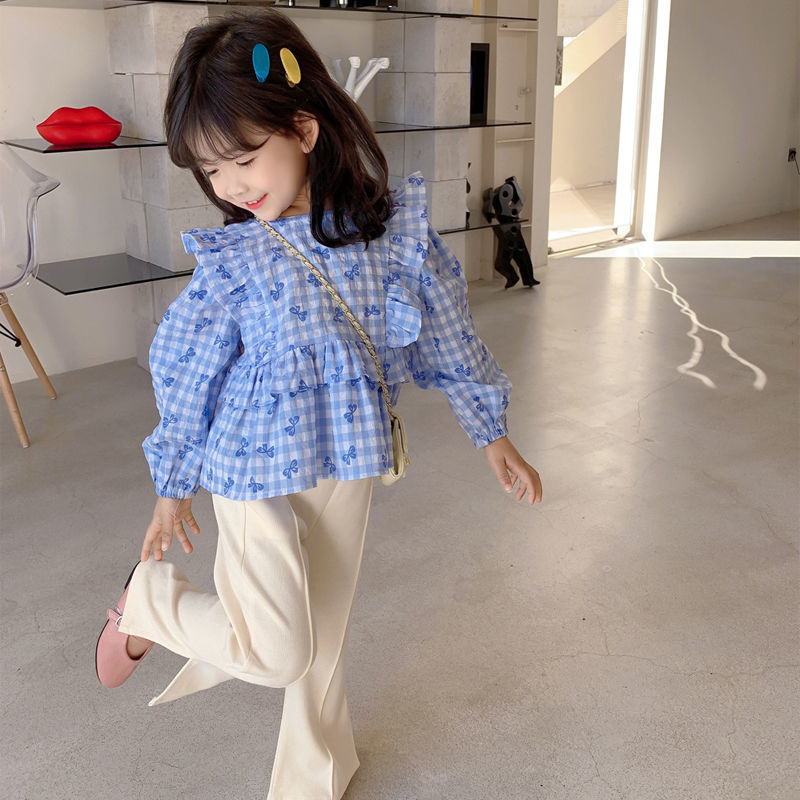 Girls' shirts 2022 new Korean version of children's foreign style spring and autumn small plaid tops long-sleeved shirts loose doll shirts