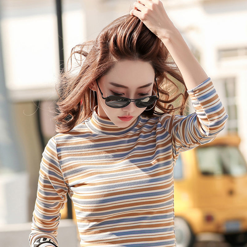 春秋打底衫女新款修身顯瘦氣質內搭小衫時尚百搭立領條紋t恤上衣