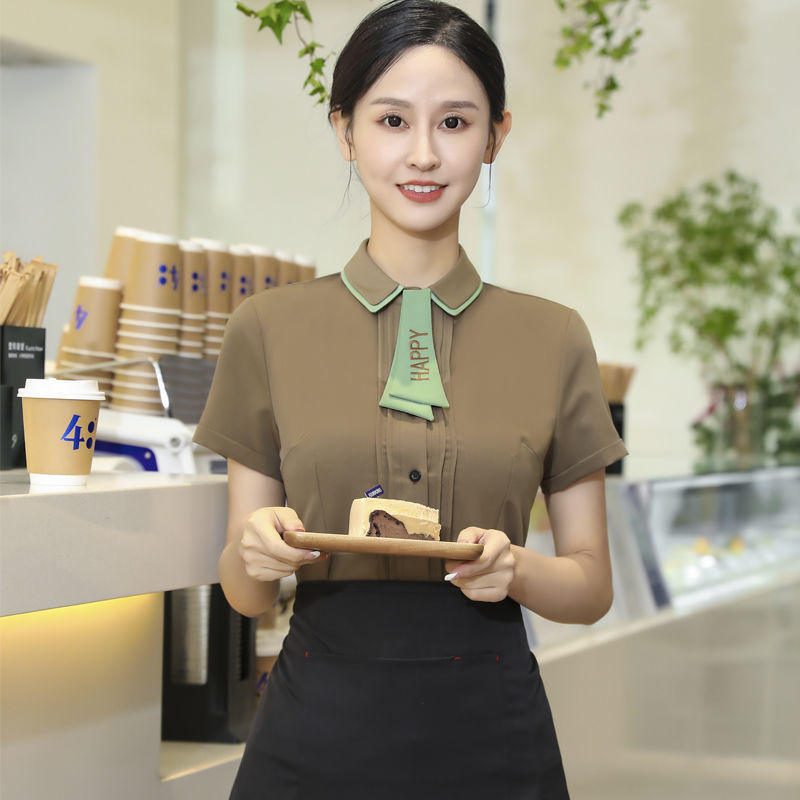 韩版咖啡厅餐饮工作服短袖奶茶火锅酒店西餐厅服务员春夏装女衬衣