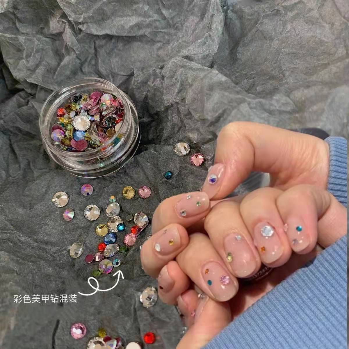 新款美甲飾品彩色寶石鑽平底鑽方糖鑽混裝學生指甲油網紅美甲配飾