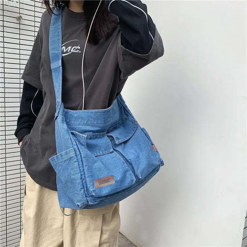 古着感包包女水洗牛仔包斜挎包大容量單肩包設計感帆布包女夏大包