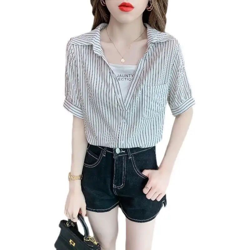 夏季短袖衬衫女新款假两件法式洋气小衫别致设计感小众套头上衣