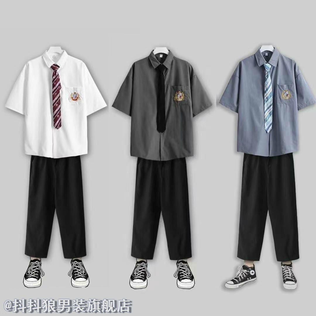 Summer tie dk uniform men's short-sleeved white shirt loose men and women jk college style high school student class uniform set