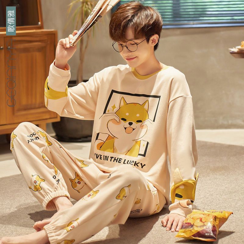 Geqianya pajamas men's spring and autumn 100% cotton long-sleeved 2022 new home service men's cartoon can be worn outside