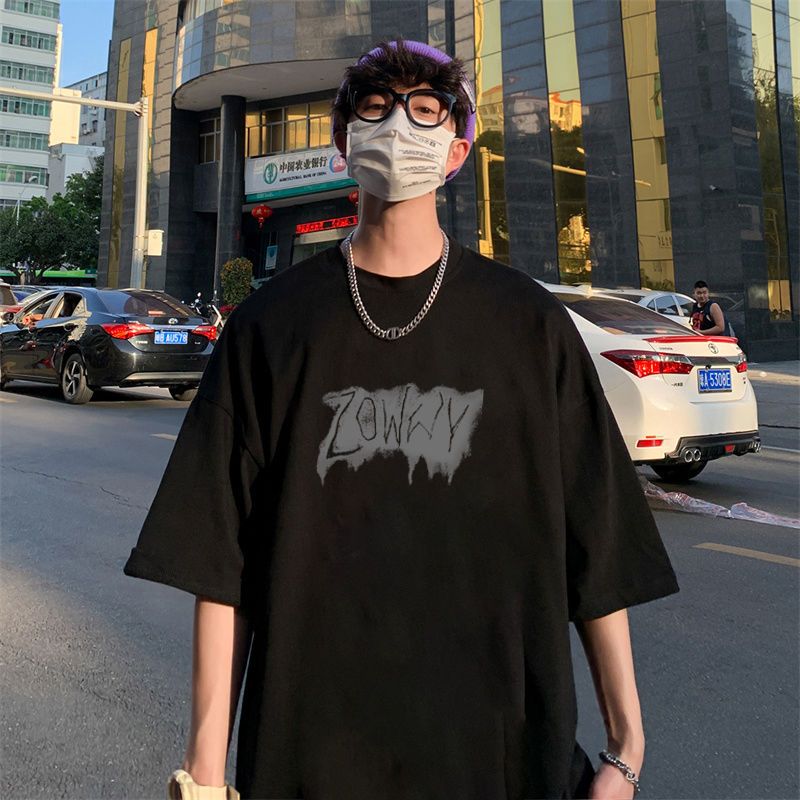 夏季新款純棉黑色港風短袖T恤男生ins潮流寬鬆百搭韓版中袖上衣服