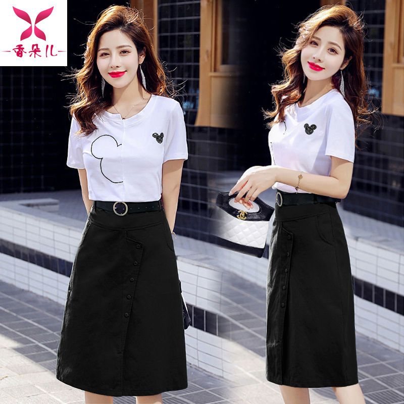 95 cotton T-shirt/set temperament dress female 2023 summer new Korean version slim western style skirt two-piece set