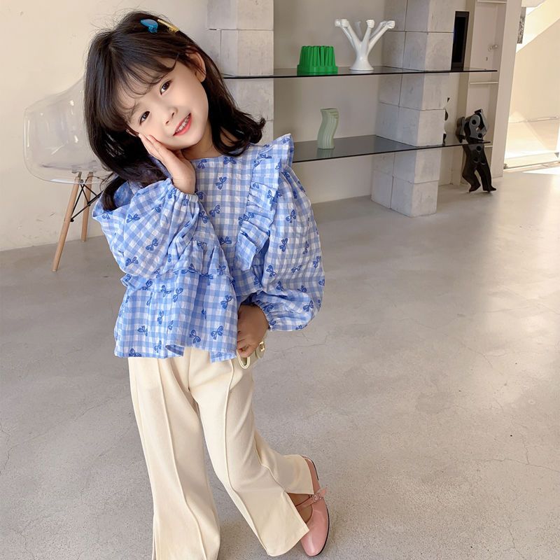 Girls' shirts 2022 new Korean version of children's foreign style spring and autumn small plaid tops long-sleeved shirts loose doll shirts