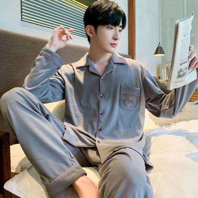 Pajamas men's spring and autumn pure cotton high-end long sleeve thin youth large size men's summer home clothes
