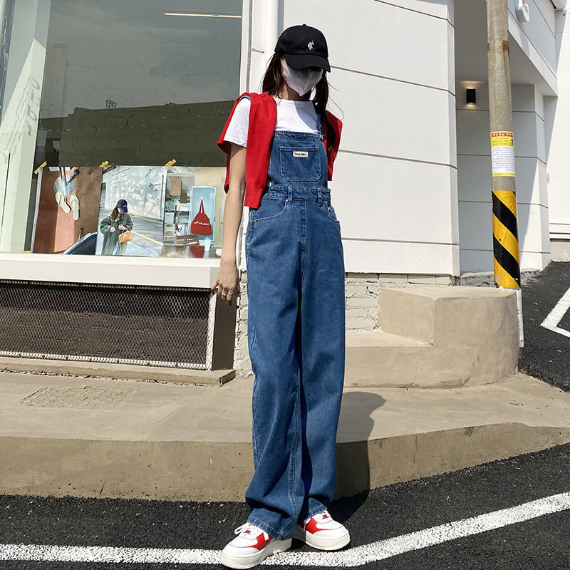 Denim suspenders women's spring clothes  new Korean version loose straight mopping trousers wide-leg sling jumpsuit trousers