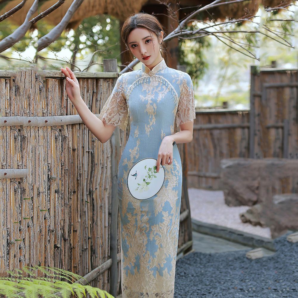2023年新款夏季年輕款旗袍民國風大小姐中國風女裝藍色蕾絲連衣裙