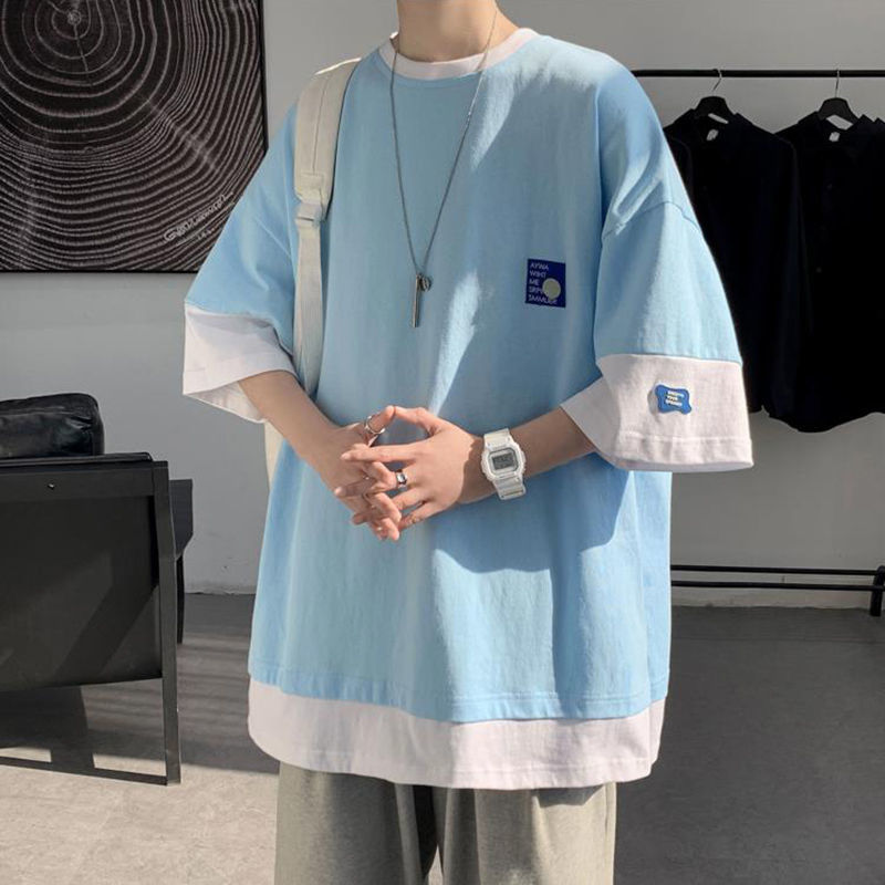 假兩件t恤男ins潮流百搭寬鬆半袖潮牌夏季衣服高級感休閒藍短袖12