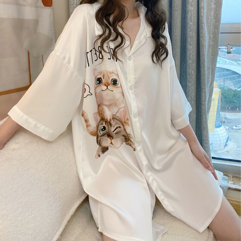 Pajamas women's summer high-quality ice silk nightdress ins style high-value short-sleeved net red boyfriend style thin section home service