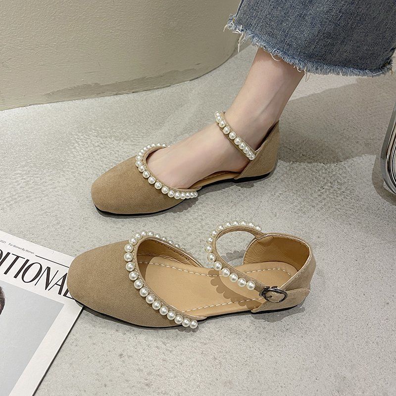 Fairy style pearl sandals for women, sweet Baotou measurement and control one-word buckle single shoes gentle with skirt bag heel evening shoes
