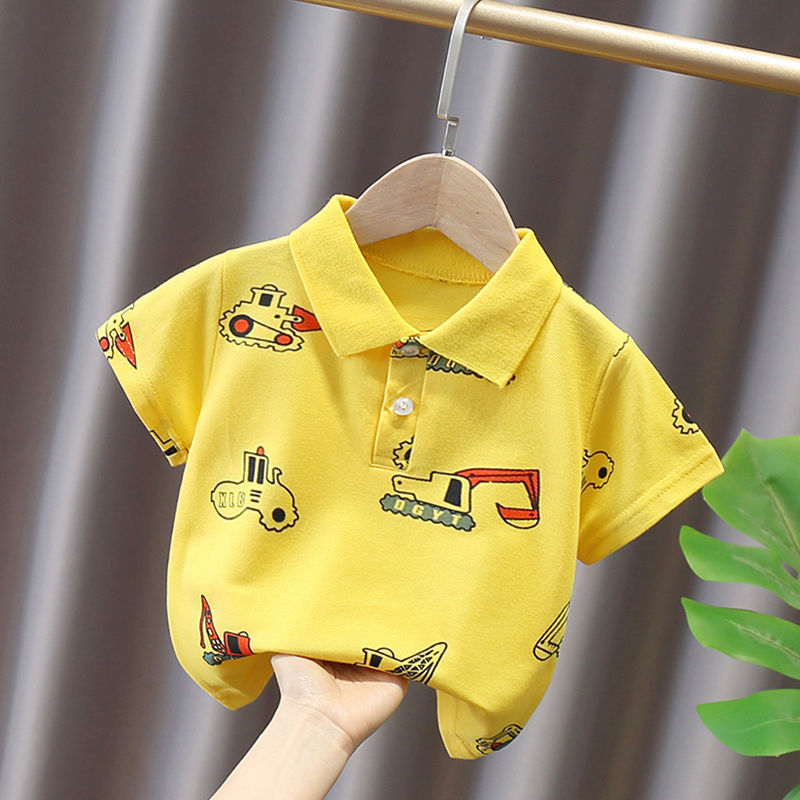 Boys and girls short-sleeved T-shirt children's 2023 summer new Korean version of the cartoon baby full print lapel polo shirt top
