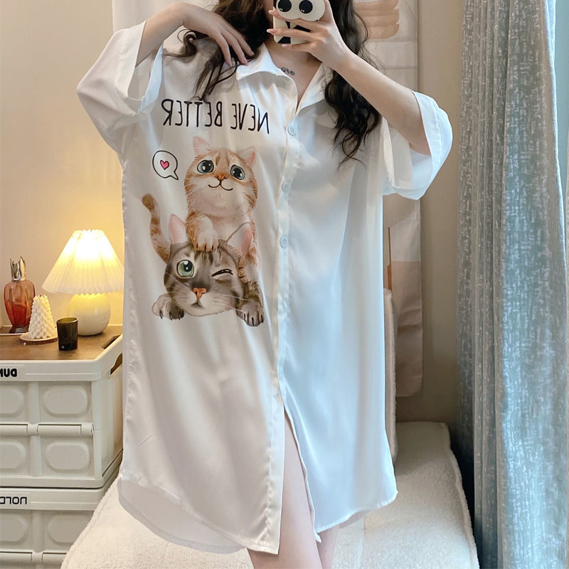 Pajamas women's summer high-quality ice silk nightdress ins style high-value short-sleeved net red boyfriend style thin section home service