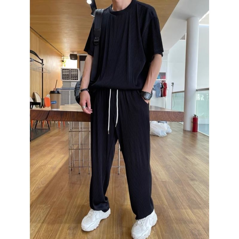 Summer thin loose large size elastic ice silky drape short-sleeved trousers casual two-piece men's singles/suits