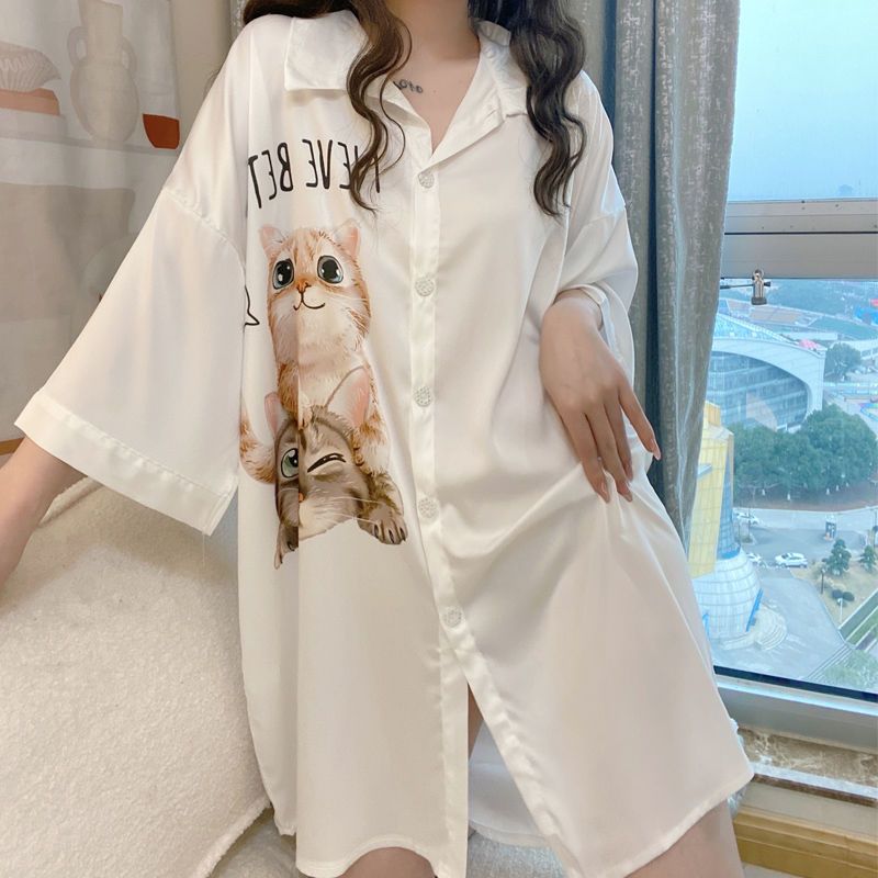 Pajamas women's summer high-quality ice silk nightdress ins style high-value short-sleeved net red boyfriend style thin section home service