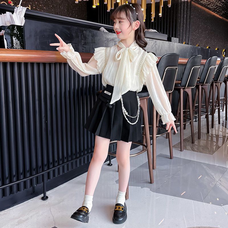 Girls' suit spring and autumn 2022 new Korean version of foreign style chiffon shirt skirt children's casual wear two-piece children's clothing