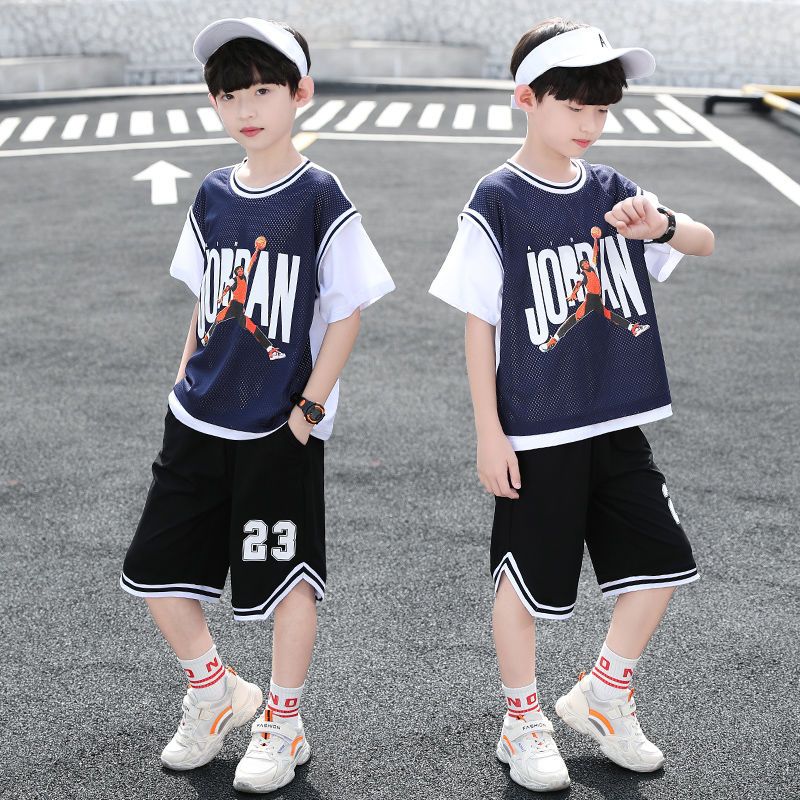 儿童装男童套装夏装2023新款中大童男孩夏季韩版篮球服短袖潮衣服