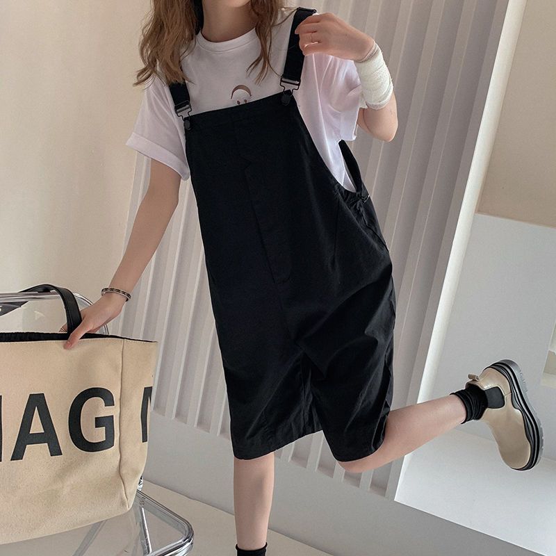 Summer thin embroidered wide-leg suspender shorts for female students new fashion casual loose tooling five-point straight-leg pants
