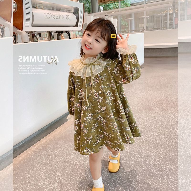 童裝2022秋季新款女童碎花裙子春秋裝娃娃衫洋氣寶寶碎花連衣裙潮