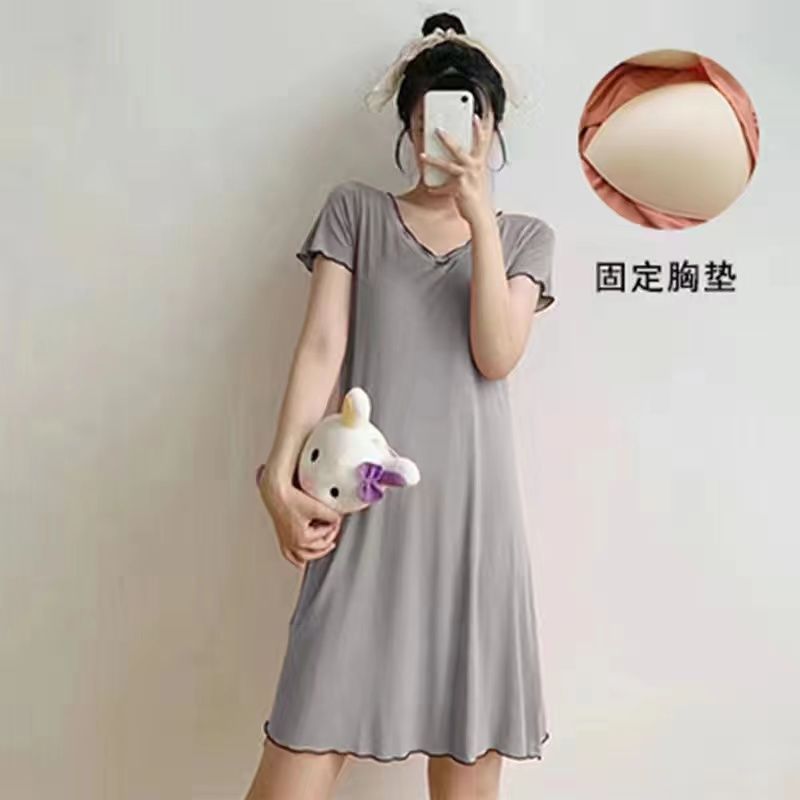 Modal cotton nightdress ladies summer short sleeves with chest pads loose thin dress pajamas home clothes can be worn outside