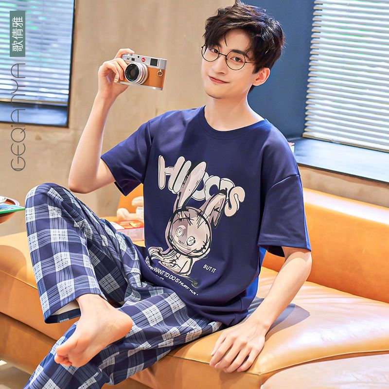 Pajamas men's summer cotton short-sleeved long-sleeved cartoon spring and autumn cotton thin section large size pullover home service suit