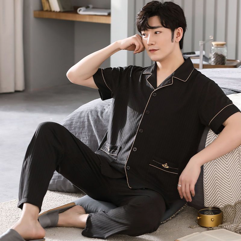 Pure cotton pajamas men's summer thin section short-sleeved trousers plus fat plus size middle-aged loose casual home clothes that can be worn outside