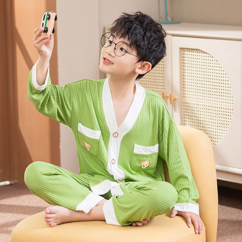 Modal children's pajamas spring and autumn thin cardigan boys home clothes set long-sleeved medium and large children autumn two-piece set