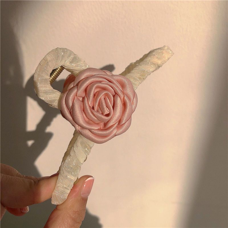 粉色山茶花抓夾~超仙發抓甜美少女布藝玫瑰花髮夾鯊魚夾春季髮飾